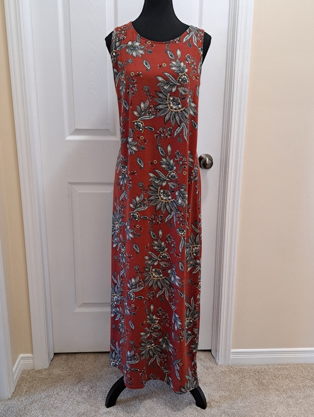 Boho Sleeveless Rust Floral Maxi Dress Women's Size Large Strappy Back Summer